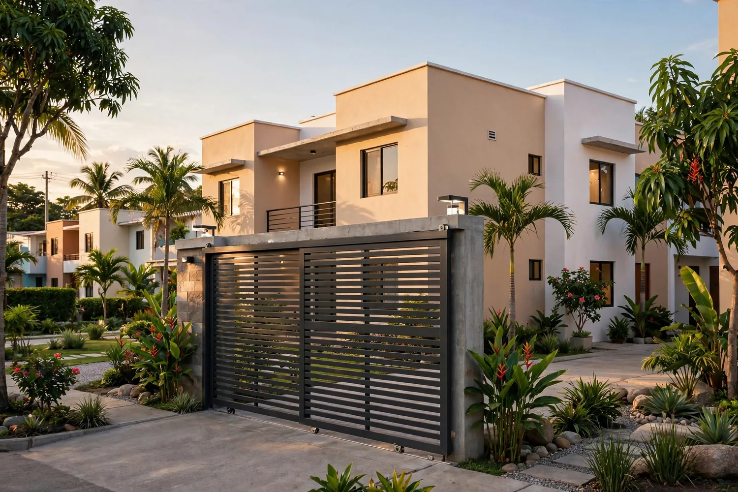 A condominium with a sliding gate