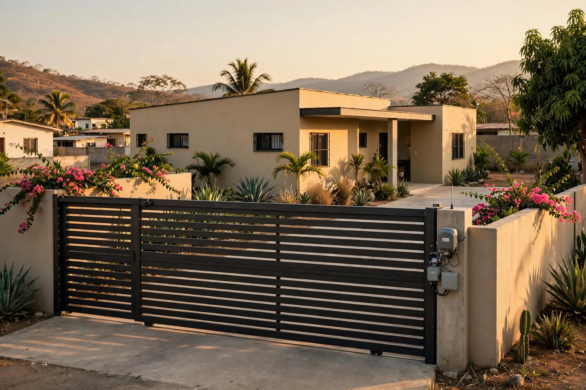 A house with a dark sliding gate