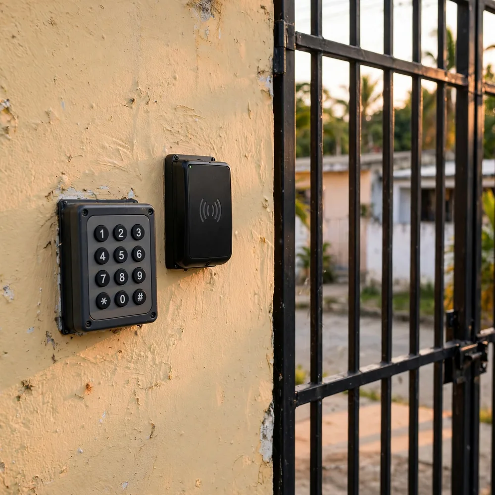 A keypad beside a gate