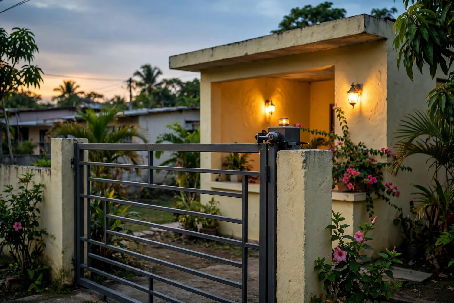 A house gate at dusk