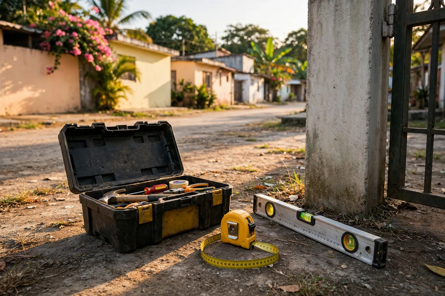 A toolbox and a tape measure by a gate post
